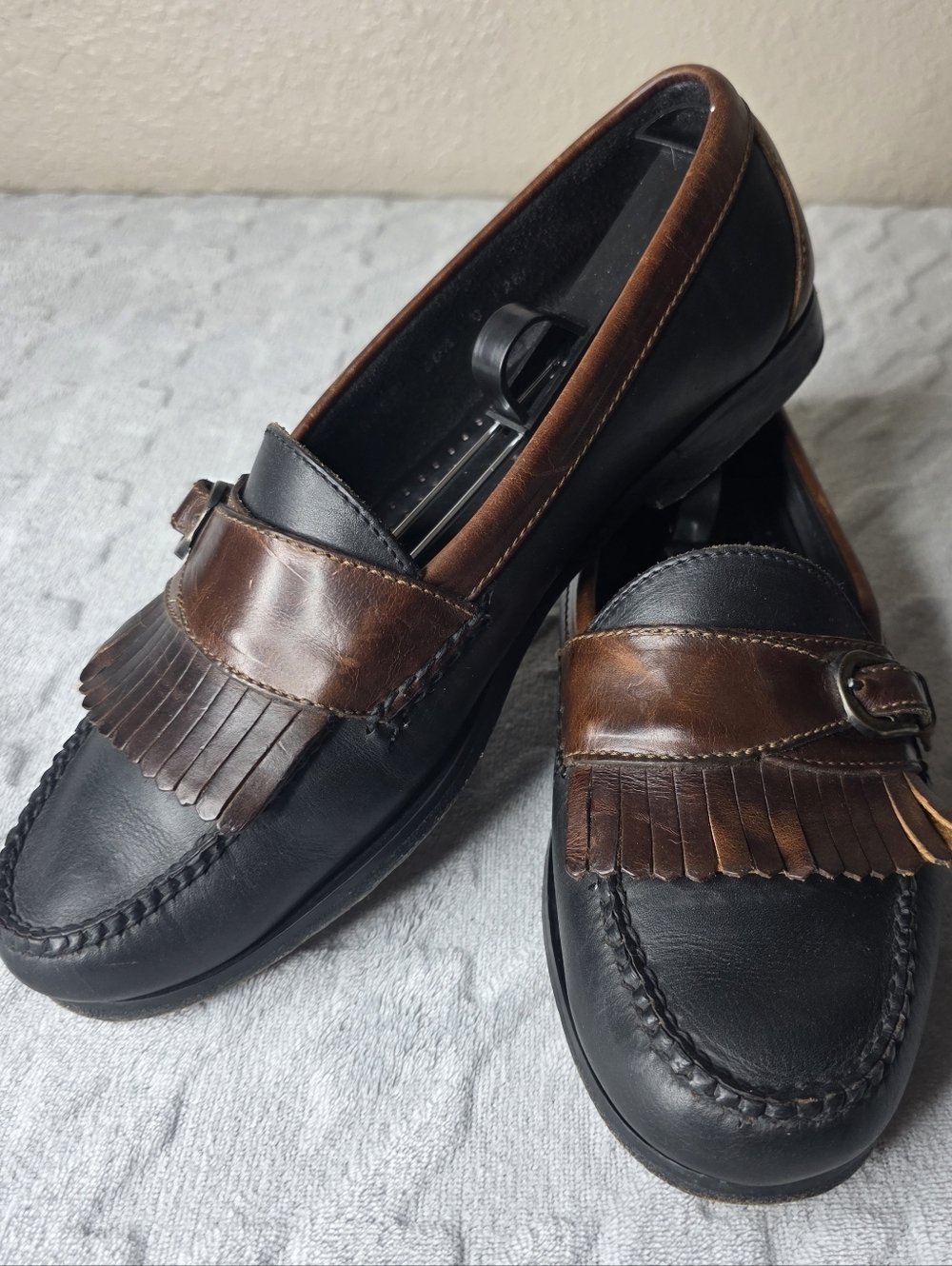Cole Haan Black and Brown Kiltie Loafers with Buckle